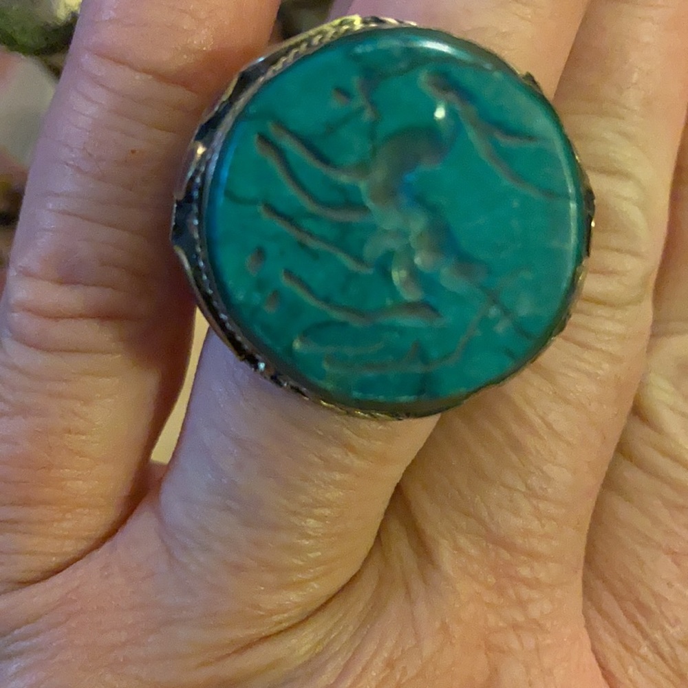 Antique seal ring engraved deer green turquoise - Picture 3 of 7